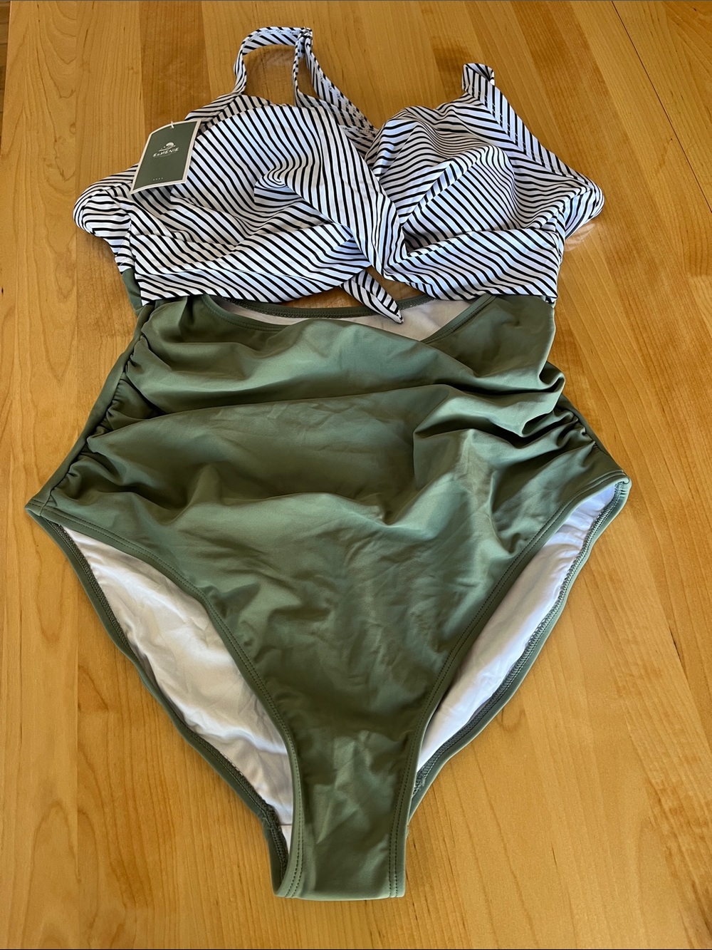 Striped Top Olive One-Piece Swimsuit - Women